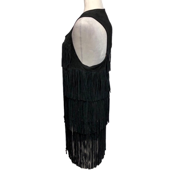 True Religion Black Leather Vest Mid Length Metal Bead Fringe Festival Boho - Picture 6 of 12